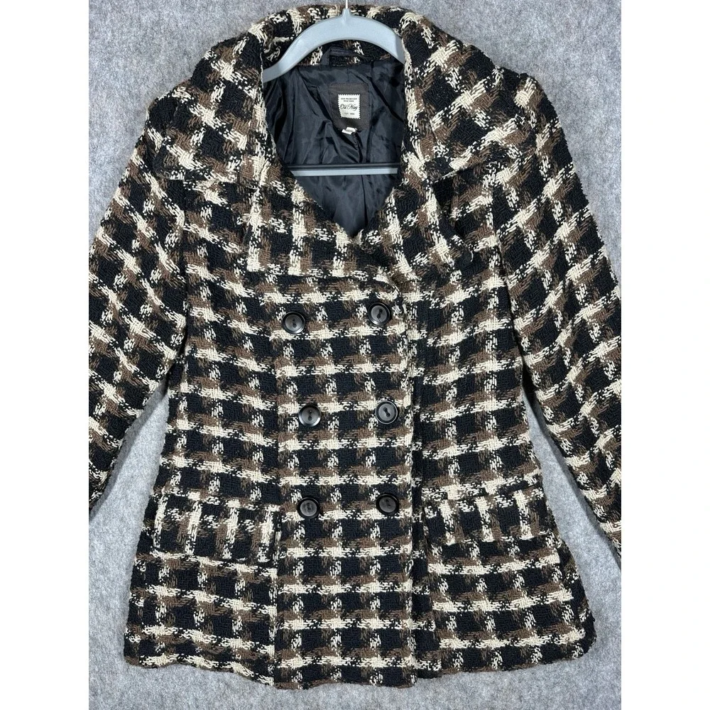 Old Navy Vintage Wool Blend Plaid Pea Coat Womens Medium Brown Double Breasted